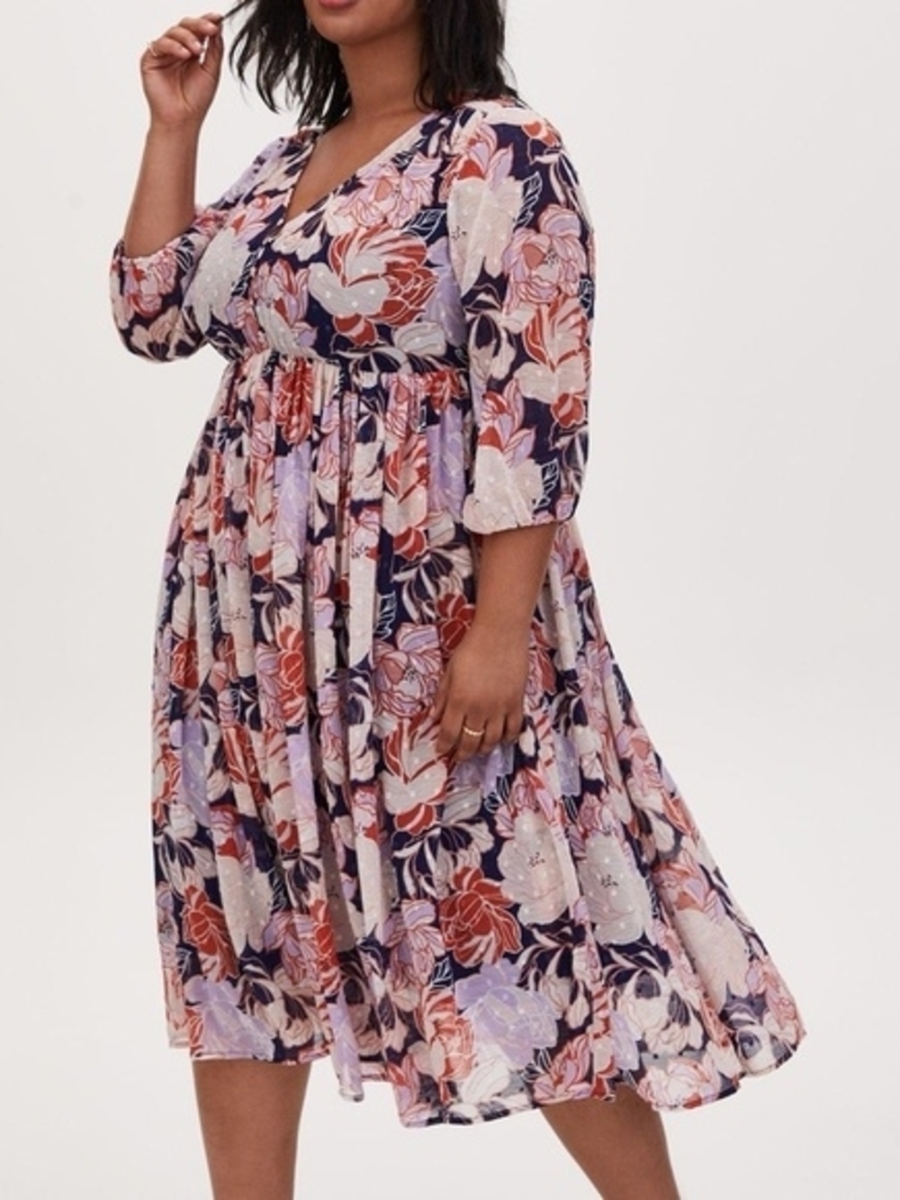 Torrid - Navy Floral V-Neck Midi Dress